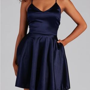 Navy Satin Skater Dress